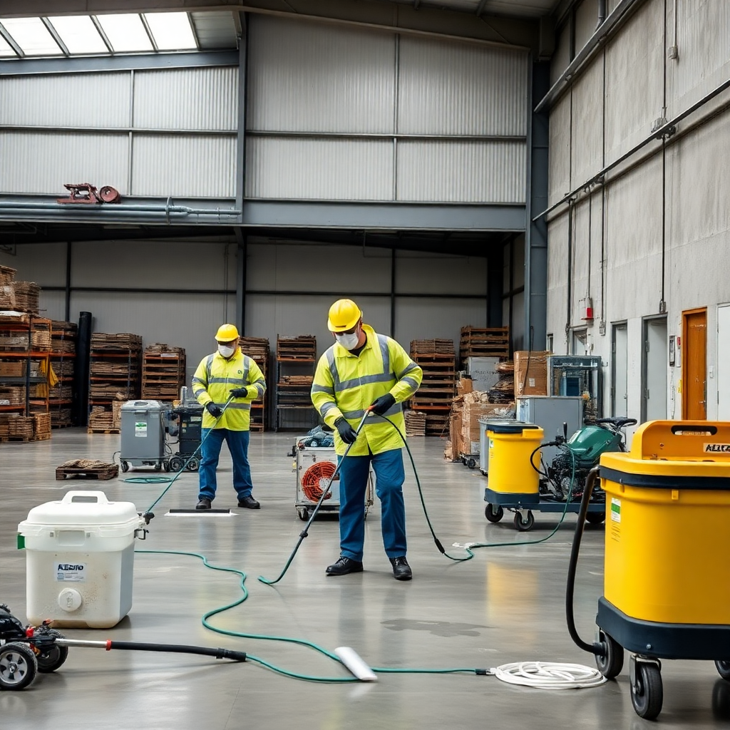 industrial cleaning team in protective gear cleaning large warehouse facility, professional equipment, modern industrial setting