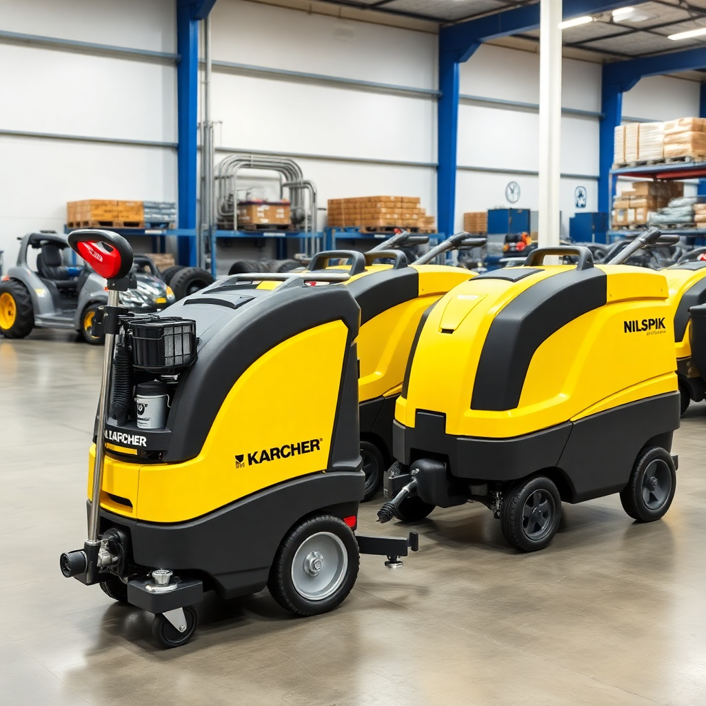 professional cleaning equipment warehouse, modern industrial cleaning machines, karcher and nilfisk equipment