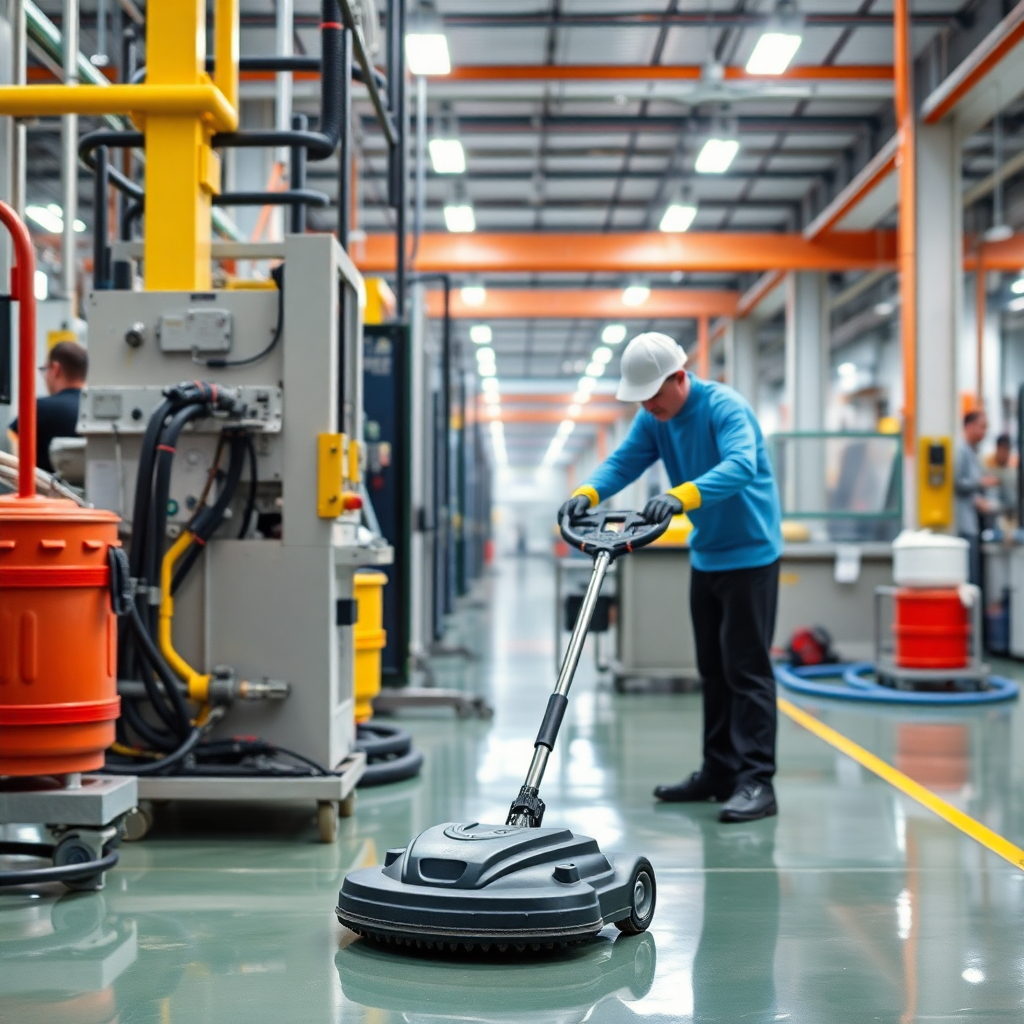 factory production floor cleaning, industrial machinery, clean manufacturing environment