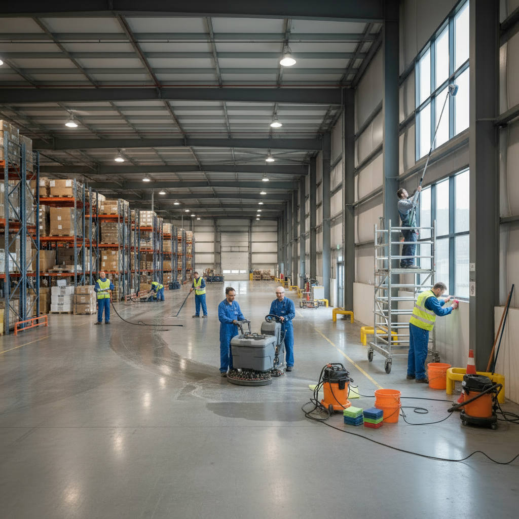 professional cleaning team in industrial uniform working in modern office building, cleaning equipment, bright interior